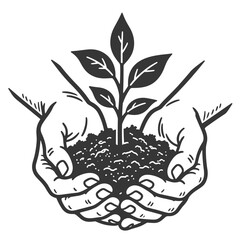 Black and white vector illustration of cupped hands gently holding soil with a young sprouting plant symbolizing growth.