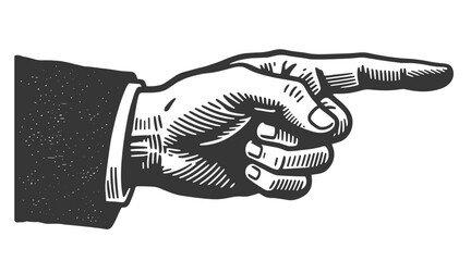 Vintage black and white vector illustration of a hand in suit sleeve pointing directly with index finger.