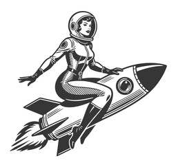 Vintage black and white vector illustration of a retro pin-up astronaut girl riding a flying rocket with flames.