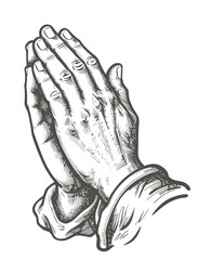 Vintage black and white engraved vector illustration of clasped hands in prayer gesture symbolizing faith and spirituality.