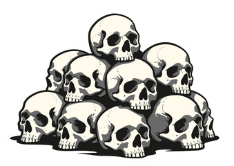 Pile of human skulls stacked in a pyramid formation, dark gothic vector illustration with dramatic shading.