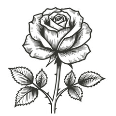 Vintage black and white vector illustration of a blooming rose flower with stem, leaves and thorns.