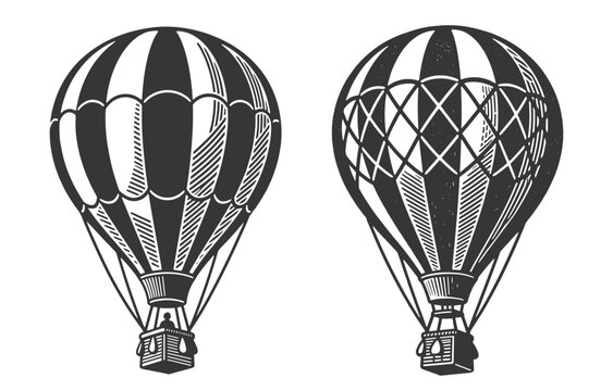 Two vintage hot air balloons with classic striped and netted designs in detailed black and white vector illustration.