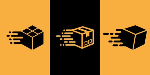 Three stylized icons representing fast shipping and delivery of packages, one black solid, one orange outline, and another black solid, on a split background.