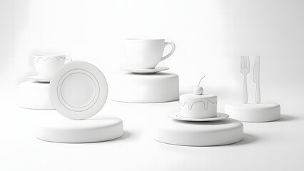 Fototapeta premium A serene still life arrangement of white tableware on minimalist pedestals against a clean white background from a frontal viewpoint