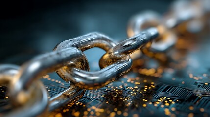 Close-up of metallic chain links against a blurred, digital background with glowing circuitry