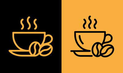 A side-by-side comparison of a stylized hot coffee cup icon with steam and coffee beans on a black and orange background.