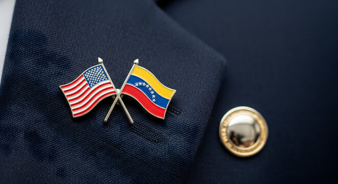 Diplomatic Envoys: A close-up view presents the symbolic convergence of international relations, portraying the flags of the USA and Venezuela crossed over one another.