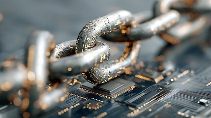 Close-up view of a metallic chain connecting to a circuit board representing blockchain technology