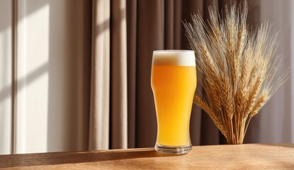 A tall glass of golden ale with wheat stalks on a wooden table, sunlight