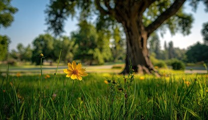 A single yellow flower in focus, lush green grass, and a large tree in the background