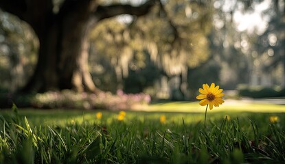 Sunny view of yellow flower in grass, with a large tree in the background