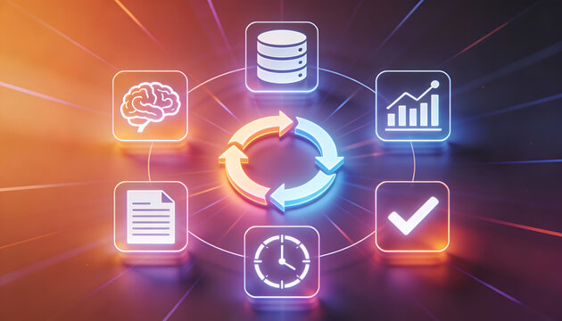 strategic business process automation and data management cycle with neon digital icons representing artificial intelligence server storage time efficiency and analytics growth