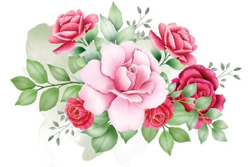 Elegant Watercolor Roses Floral Corner Background with Green Leaves