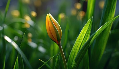 A close-up of a closed yellow flower bud, surrounded by vibrant green foliage