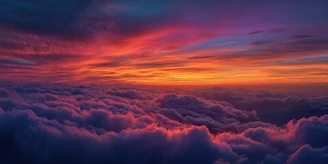 A stunning panorama shows vibrant sunset hues above a dense sea of fluffy clouds