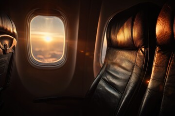 Interior plane shot shows window, seat, and golden sunlight at dawn or dusk