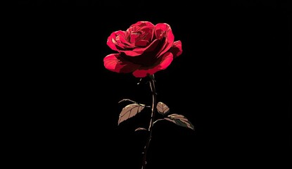 Stylized low-poly red rose with dark stem, leaves on black background, dramatic lighting
