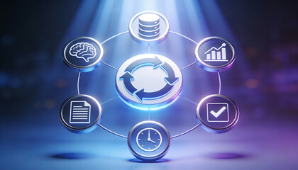 strategic digital business ecosystem featuring blue neon icons for artificial intelligence data storage analytics growth time management and workflow process automation cycles