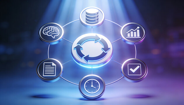 strategic digital business ecosystem featuring blue neon icons for artificial intelligence data storage analytics growth time management and workflow process automation cycles - Powered by Adobe