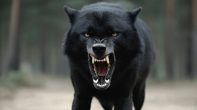 Wild black wolf stands in the forest showing teeth during daylight hours