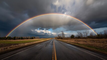 A straight road stretches into the distance, with a vivid rainbow arching across a dramatic sky