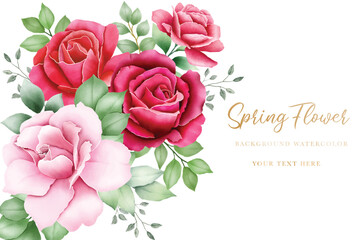 Elegant Watercolor Roses Floral Corner Background with Green Leaves