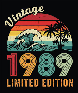 Vintage 1989 Limited Edition Retro Sunset Illustration with Ocean Wave; Classic Aesthetic 80s Style Tropical Beach Poster for T-Shirt Design; Nostalgic Summer Surf Graphic Featuring Palm Trees and Sun