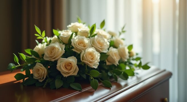 Coffin adorned with white roses and greenery gentle