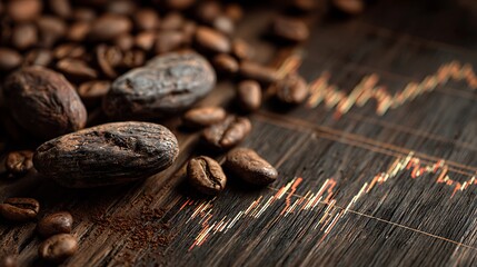 Close-up of coffee beans with a superimposed fluctuating stock chart on a wooden surface
