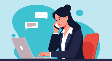 Professional businesswoman multitasking at her desk, talking on the phone while working on her laptop computer in the office.