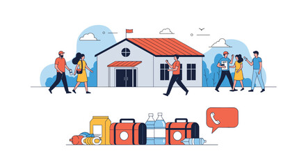 Concept of emergency preparedness with people evacuating from a building and a kit of essential supplies like water and food.