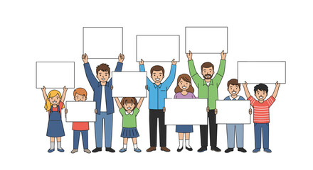 Smiling group of diverse people including men, women, and children holding blank placards to display a custom message.
