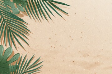 Sandy beach background with tropical leaves in green, creating a summer vibe