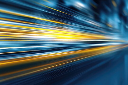 Dynamic, abstract streaks of gold, blue, and white create a sense of speed and movement