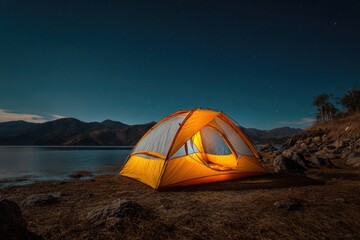 Glowing tent at night beside water, mountains, stars, and rocks