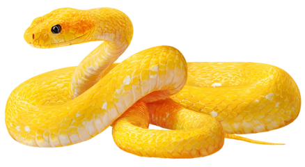 Bright golden snake coiled, showcasing its scales and vibrant yellow coloration