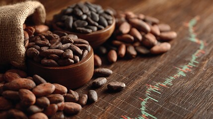 Various roasted cocoa beans displayed in wooden bowls and a burlap sack with a subtle stock chart