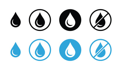No water drop vector icon, featuring black and blue water drop symbols in circular design, perfect for waterproof surface warnings, safety signage, product labels, instruction manuals