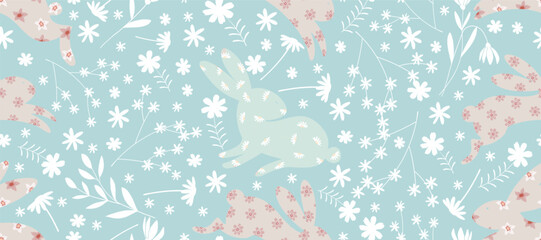 Easter Pattern Seamless,Bunny Rabbit with Floral Background for Paper Design Wrapping Print,Cute animal with flower pattern,Vector illustration art doodle drawing of Hare for wallpaper