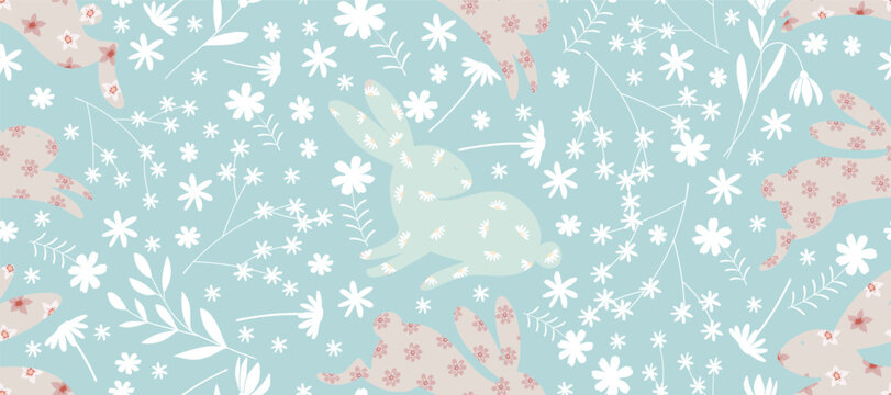 Easter Pattern Seamless,Bunny Rabbit with Floral Background for Paper Design Wrapping Print,Cute animal with flower pattern,Vector illustration art doodle drawing of Hare for wallpaper