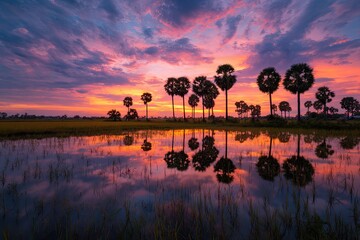 Sunset over a field, water reflecting silhouetted trees and a vibrant sky