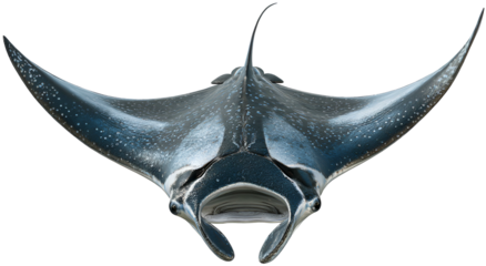 Majestic overhead view of a massive ray, showcasing dark hues & intricate body patterns