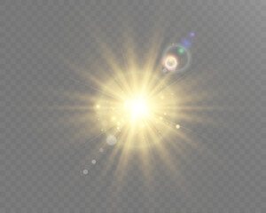 Bright golden light burst with lens flare and glowing particles on transparent background.
