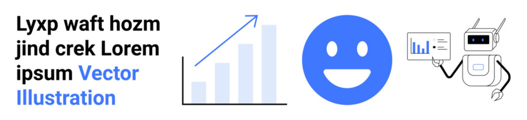 Fototapeta premium Business analytics, automation, technology progression, customer satisfaction, data analysis, digital trends. A graph, smiling face and robot holding report. Business analytics and automation