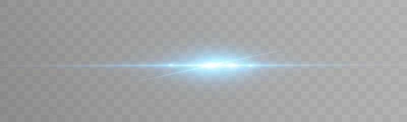 Blue horizontal light flare with glowing streaks and lens effects on transparent background.

