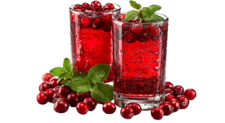 Two refreshing glasses of a sparkling red beverage with cranberries and mint