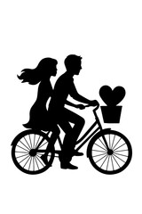 Fototapeta premium Couple Silhouettes Riding Bicycle Together with Heart Basket, Romantic Valentine's Day Celebration