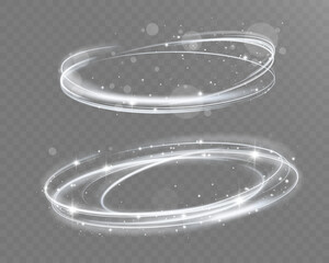 Elegant white glowing light rings with sparkling particles forming a magical swirling halo, perfect for fantasy, luxury, and abstract design compositions.
