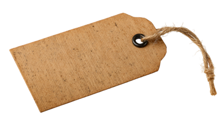 Isolated, rectangular paper tag with a hole, tied with twine, on a solid black background